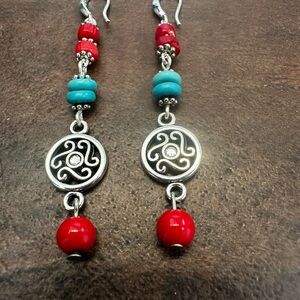 Silver and Red Coral Dangle Earrings